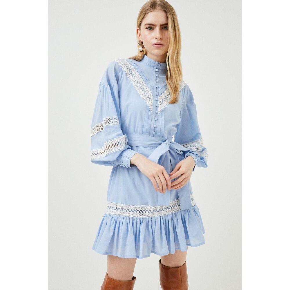 Karen Millen Light Blue Lace-Trim Mini Dress 6